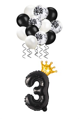 3 Rakam Siyah Folyo Balon, Kral Tacı Ve Konfetili Siyah Balon Set
