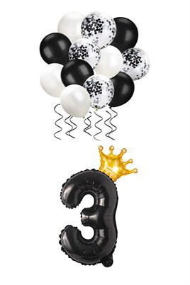 3 Rakam Siyah Folyo Balon, Kral Tacı Ve Konfetili Siyah Balon Set