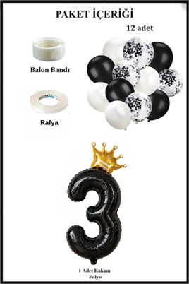3 Rakam Siyah Folyo Balon, Kral Tacı Ve Konfetili Siyah Balon Set
