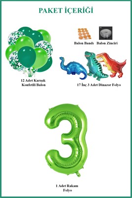 3 Yaş Dinazor Set; Rakam Folyo, 3 Adet Mini Dinazor ve 10 lu Balon