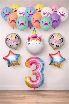 3 Yaş Gökkuşağı Konsepti Unicorn Temalı Doğum Günü Parti Kutlama Seti