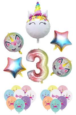 3 Yaş Gökkuşağı Konsepti Unicorn Temalı Doğum Günü Parti Kutlama Seti