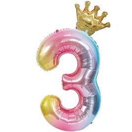 3 Yaş Gökkuşağı Rakam ve Kral Tacı Folyo Balon Doğum Günü Parti Kutlama Seti