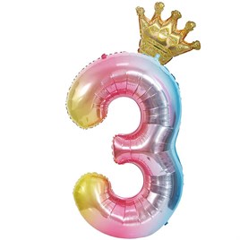 3 Yaş Gökkuşağı Rakam ve Kral Tacı Folyo Balon Doğum Günü Parti Kutlama Seti