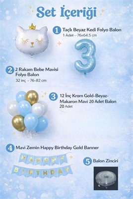3 Yaş Kedi Temalı Doğum Günü Balon Seti – Mavi Gold Konsept
