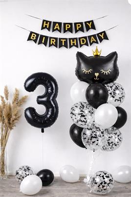 3 Yaş Kedi Temalı Doğum Günü Balon Seti – Siyah Konsept