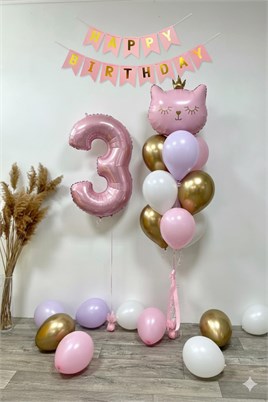3 Yaş Kedi Temalı Doğum Günü Balon Seti – Pembe Gold Konsept
