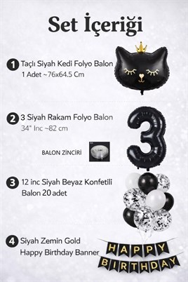 3 Yaş Kedi Temalı Doğum Günü Balon Seti – Siyah Konsept
