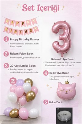 3 Yaş Kedi Temalı Doğum Günü Balon Seti – Pembe Gold Konsept