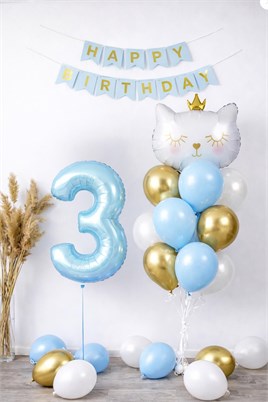 3 Yaş Kedi Temalı Doğum Günü Balon Seti – Mavi Gold Konsept