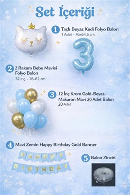 3 Yaş Kedi Temalı Doğum Günü Balon Seti – Mavi Gold Konsept