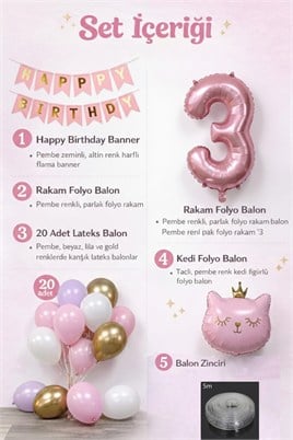 3 Yaş Kedi Temalı Doğum Günü Balon Seti – Pembe Gold Konsept