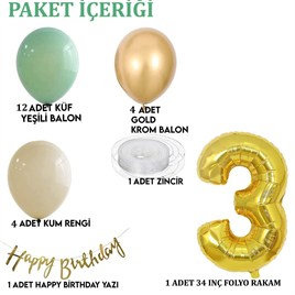 3 Yaş Küf Yeşili Deniz Kumu ve Krom Gold Balonlu Konsept  Doğum Günü Seti