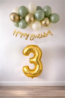 3 Yaş Küf Yeşili Deniz Kumu ve Krom Gold Balonlu Konsept  Doğum Günü Seti