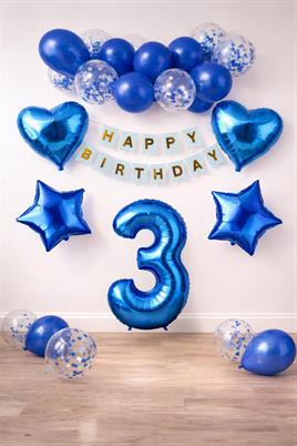 3 Yaş Mavi Konsept Doğum Günü Seti;  Kalp Yıldız Folyo Balon Set