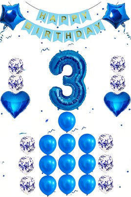 3 Yaş Mavi Konsept Doğum Günü Seti;  Kalp Yıldız Folyo Balon Set