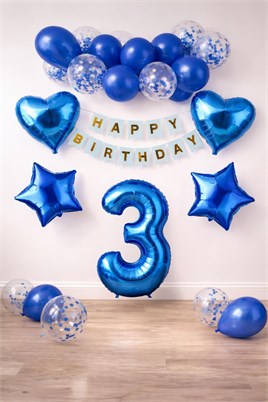 3 Yaş Mavi Konsept Doğum Günü Seti;  Kalp Yıldız Folyo Balon Set