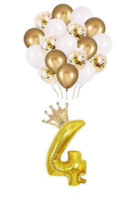 4 Rakam Gold Folyo Balon, Kral Tacı Ve Konfetili Gold Balon