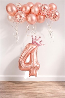 4 Rakam Rose Gold Folyo Balon, Kral Tacı Ve Konfetili Rose Gold Balon