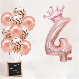 4 Rakam Rose Gold Folyo Balon, Kral Tacı Ve Konfetili Rose Gold Balon