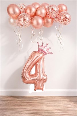 4 Rakam Rose Gold Folyo Balon, Kral Tacı Ve Konfetili Rose Gold Balon