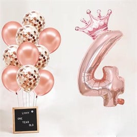 4 Rakam Rose Gold Folyo Balon, Kral Tacı Ve Konfetili Rose Gold Balon