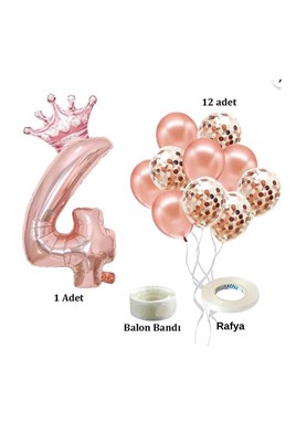 4 Rakam Rose Gold Folyo Balon, Kral Tacı Ve Konfetili Rose Gold Balon