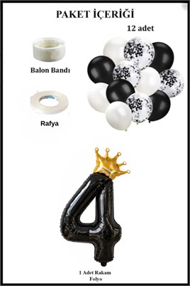 4 Rakam Siyah Folyo Balon, Kral Tacı Ve Konfetili Siyah Balon Set