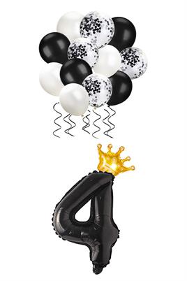 4 Rakam Siyah Folyo Balon, Kral Tacı Ve Konfetili Siyah Balon Set