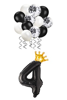 4 Rakam Siyah Folyo Balon, Kral Tacı Ve Konfetili Siyah Balon Set