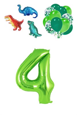 4 Yaş Dinazor Set; Rakam Folyo, 3 Adet Mini Dinazor ve 10 lu Balon