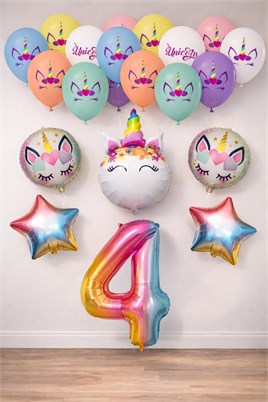 4 Yaş Gökkuşağı Konsepti Unicorn Temalı Doğum Günü Parti Kutlama Seti