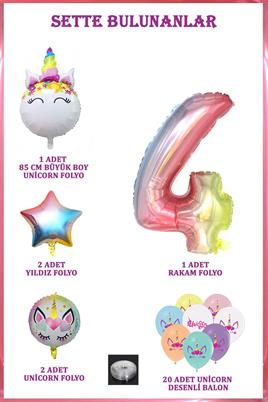 4 Yaş Gökkuşağı Konsepti Unicorn Temalı Doğum Günü Parti Kutlama Seti