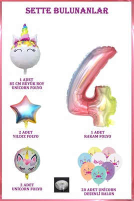 4 Yaş Gökkuşağı Konsepti Unicorn Temalı Doğum Günü Parti Kutlama Seti