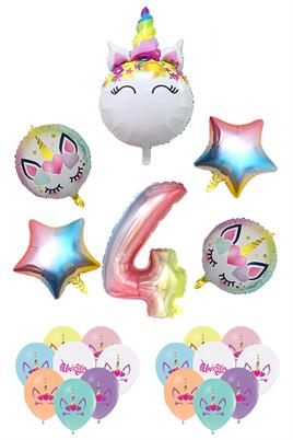4 Yaş Gökkuşağı Konsepti Unicorn Temalı Doğum Günü Parti Kutlama Seti