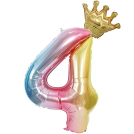 4 Yaş Gökkuşağı Rakam ve Kral Tacı Folyo Balon Doğum Günü Parti Kutlama Seti