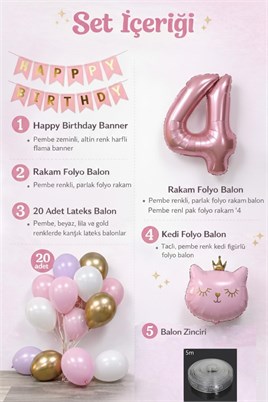4 Yaş Kedi Temalı Doğum Günü Balon Seti – Pembe Gold Konsept