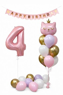 4 Yaş Kedi Temalı Doğum Günü Balon Seti – Pembe Gold Konsept