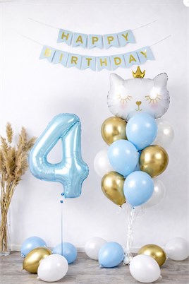 4 Yaş Kedi Temalı Doğum Günü Balon Seti – Mavi Gold Konsept