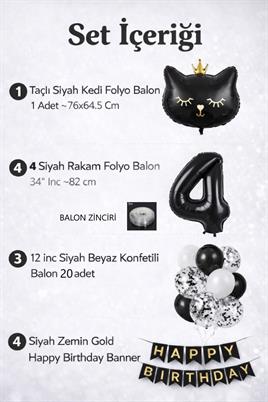 4 Yaş Kedi Temalı Doğum Günü Balon Seti – Siyah Konsept