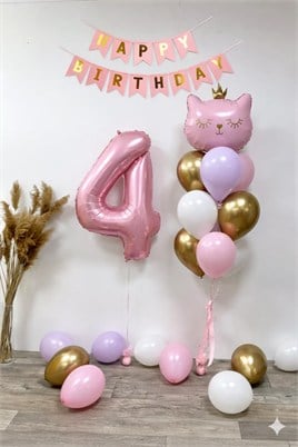 4 Yaş Kedi Temalı Doğum Günü Balon Seti – Pembe Gold Konsept