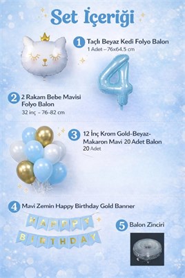 4 Yaş Kedi Temalı Doğum Günü Balon Seti – Mavi Gold Konsept