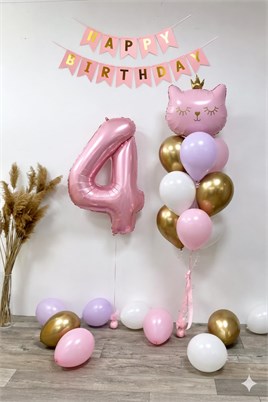 4 Yaş Kedi Temalı Doğum Günü Balon Seti – Pembe Gold Konsept