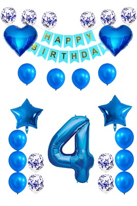 4 Yaş Mavi Konsept Doğum Günü Seti;  Kalp Yıldız Folyo Balon Set
