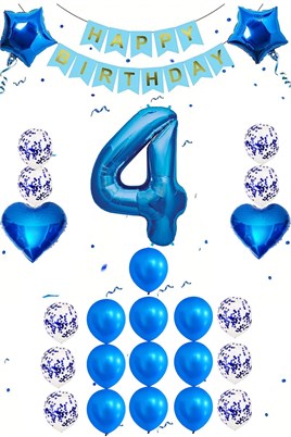4 Yaş Mavi Konsept Doğum Günü Seti;  Kalp Yıldız Folyo Balon Set