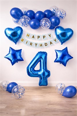 4 Yaş Mavi Konsept Doğum Günü Seti;  Kalp Yıldız Folyo Balon Set