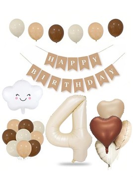 4 Yaş Retro Doğum Günü Seti; Krem Rakam Folyo, Banner, Kalp Folyo ve Lateks Balon