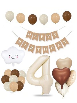 4 Yaş Retro Doğum Günü Seti; Krem Rakam Folyo, Banner, Kalp Folyo ve Lateks Balon