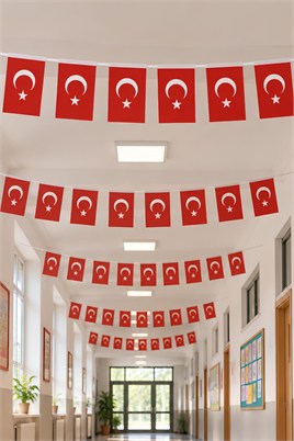 40 Adet Büyük İpli Türk Bayrağı – Ay Yıldız Baskılı Kağıt Bayrak Süsü 11x19 cm 6 Metre