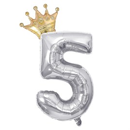 5 Gümüş Rakam ve  Gold Kral Tacı Folyo Balon Doğum Günü Parti Kutlama Seti